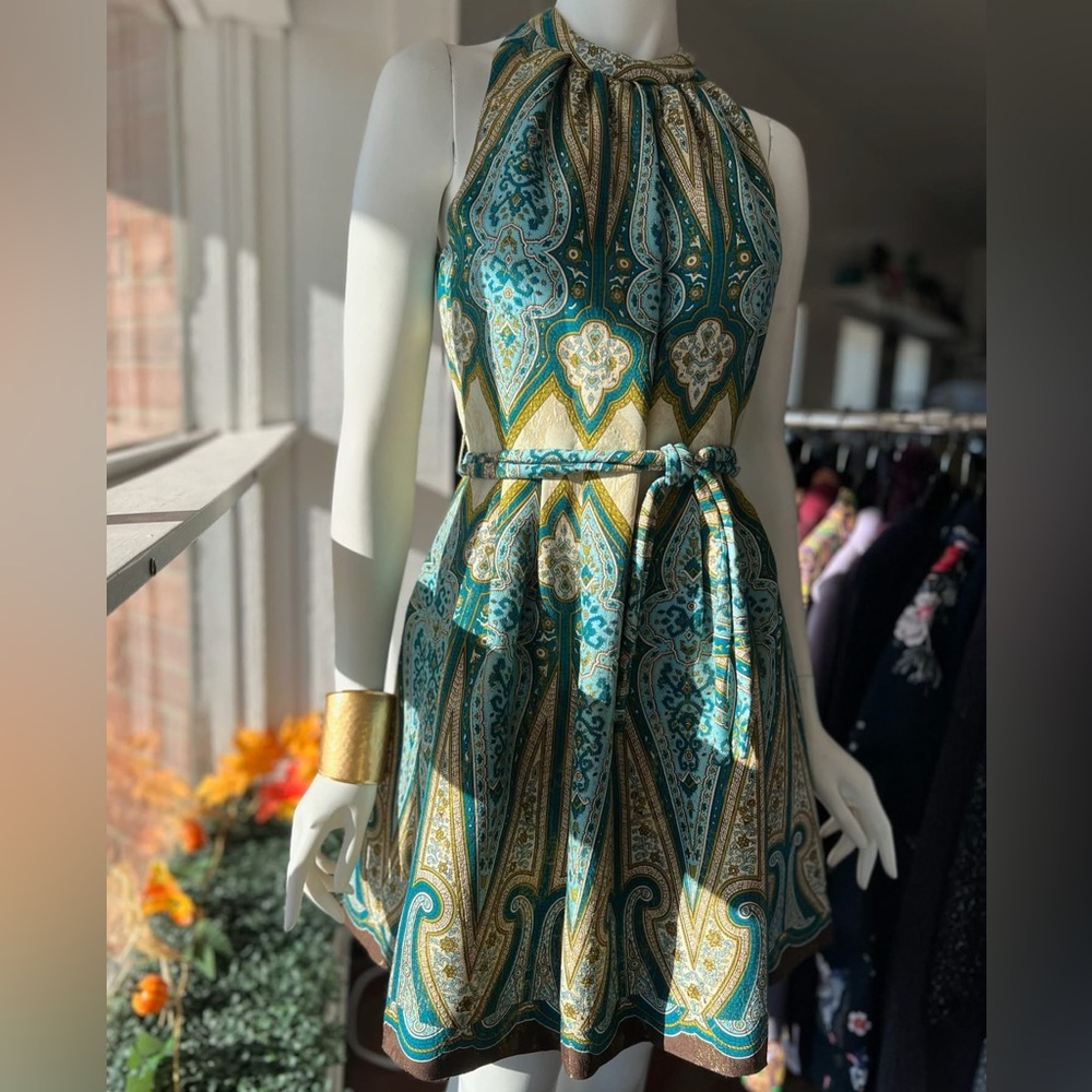 Anna Sui Elegant Paisley Print Dress - Blue, Brown & Gold Size 8